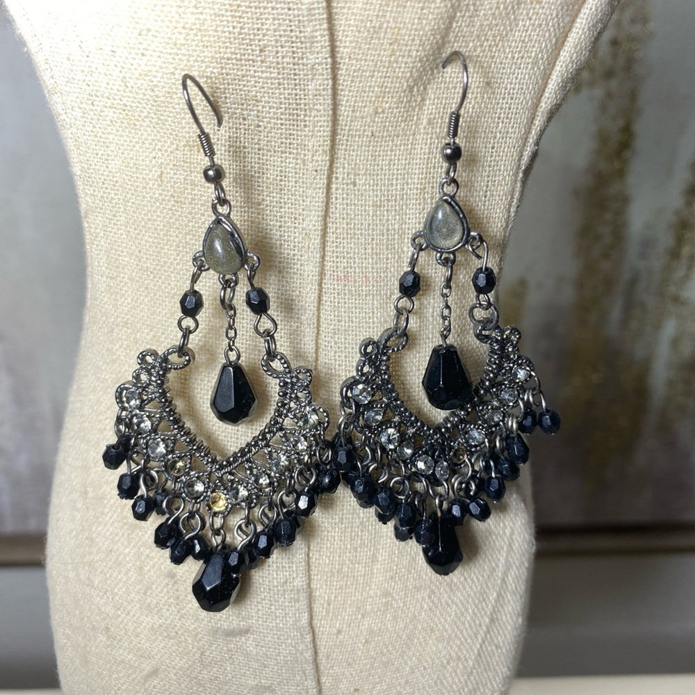 2 Elegant Black and Silver Chandelier and Gold and Burgundy Earrings ⭐️ - Picture 3 of 5